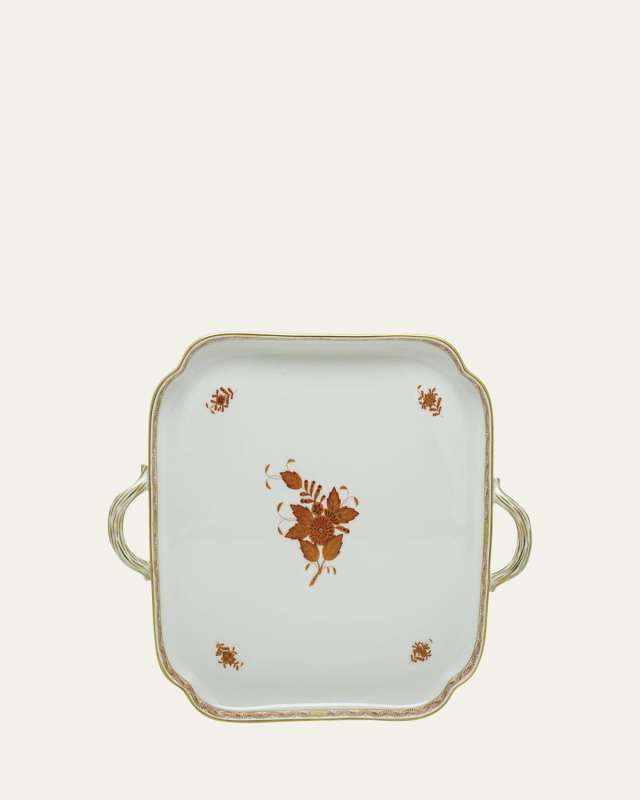 Chinese Bouquet Rust Square Tray with Handles